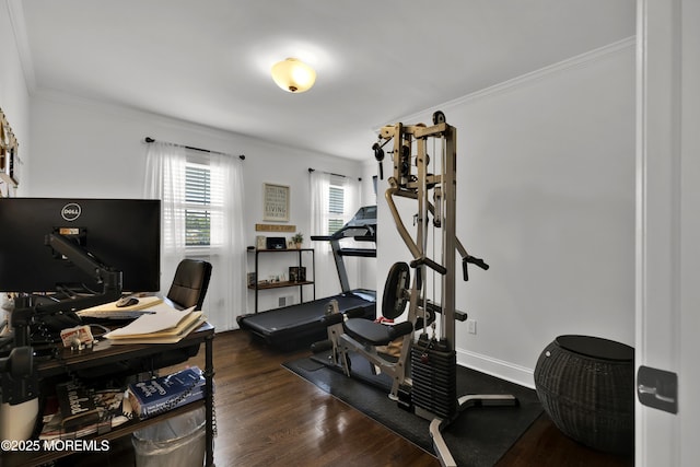 141 Twin Rivers Dr, Toms River, NJ 08753 - workout area with dark wood-style floors and ornamental molding