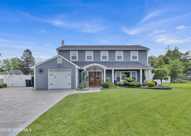 141 Twin Rivers Dr, Toms River, NJ 08753 - colonial home featuring french doors, a chimney, concrete driveway, a garage, and a gate