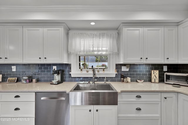 141 Twin Rivers Dr, Toms River, NJ 08753 - kitchen featuring dishwasher, white cabinetry, crown molding, tasteful backsplash, and light stone counters