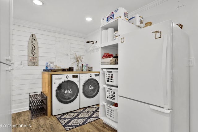 141 Twin Rivers Dr, Toms River, NJ 08753 - washroom with separate washer and dryer, crown molding, wood finished floors, and recessed lighting