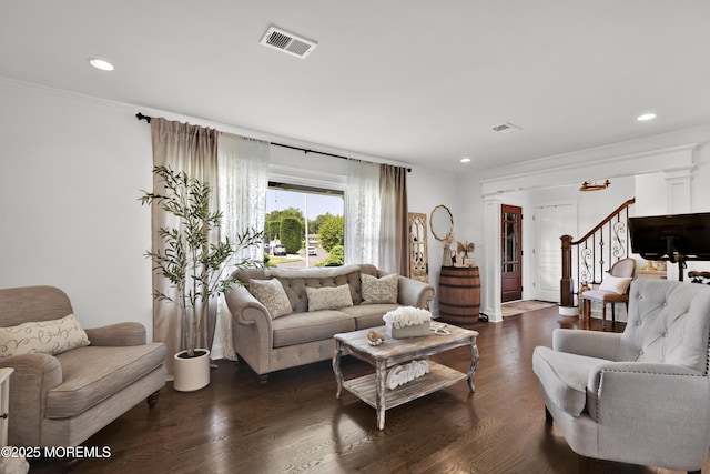 141 Twin Rivers Dr, Toms River, NJ 08753 - living room featuring dark wood finished floors, recessed lighting, ornamental molding, stairway, and a chandelier