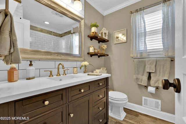 141 Twin Rivers Dr, Toms River, NJ 08753 - bathroom with vanity, crown molding, wood finished floors, and a shower