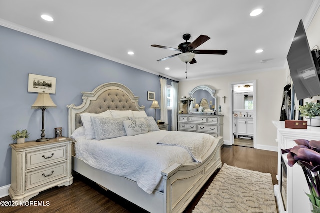141 Twin Rivers Dr, Toms River, NJ 08753 - bedroom with recessed lighting, multiple windows, ornamental molding, dark wood-style floors, and ensuite bath