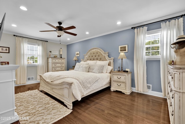 141 Twin Rivers Dr, Toms River, NJ 08753 - bedroom featuring multiple windows, recessed lighting, dark wood-style floors, crown molding, and a ceiling fan