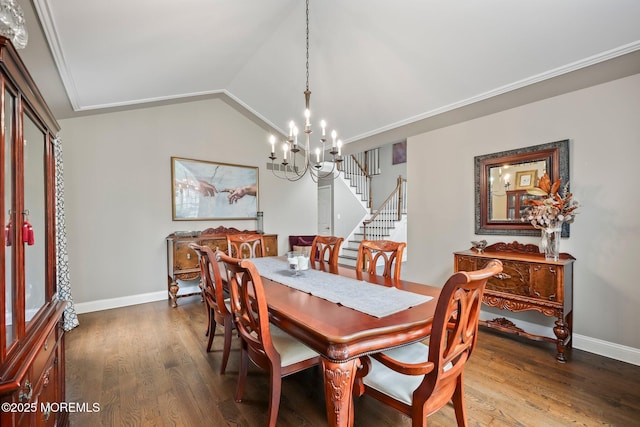2 Independence Dr, Aberdeen, NJ 07747 - dining room with a chandelier, wood finished floors, stairway, and lofted ceiling