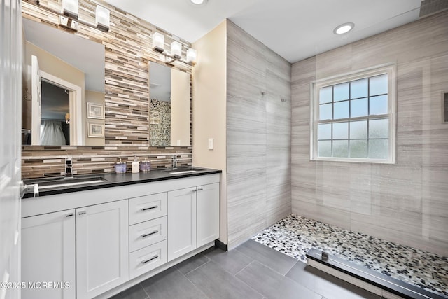 2 Independence Dr, Aberdeen, NJ 07747 - full bathroom with a tile shower, double vanity, backsplash, tile patterned flooring, and recessed lighting