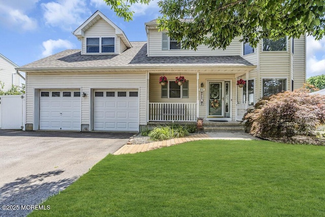 85 Mapletree Rd, Toms River, NJ 08753 - view of front facade featuring asphalt driveway, a porch, an attached garage, a front yard, and roof with shingles
