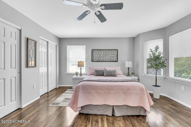 85 Mapletree Rd, Toms River, NJ 08753 - bedroom with multiple windows, wood finished floors, a ceiling fan, and multiple closets