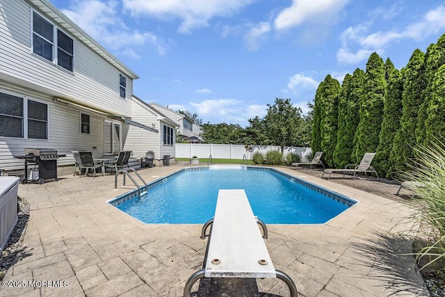85 Mapletree Rd, Toms River, NJ 08753 - view of swimming pool featuring a patio area, grilling area, a fenced backyard, and a diving board