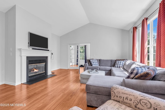 252 Enclave Blvd, Lakewood, NJ 08701 - living area featuring light wood-type flooring, a glass covered fireplace, and lofted ceiling