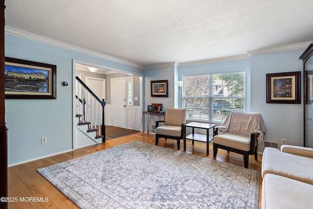 86 Lorelei Dr, Howell, NJ 07731 - sitting room featuring stairs, crown molding, and wood finished floors
