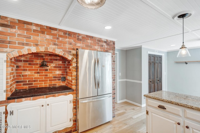 215 Parkertown Dr, Little Egg Harbor, NJ 08087 - kitchen with freestanding refrigerator, light wood finished floors, dark stone countertops, pendant lighting, and white cabinetry