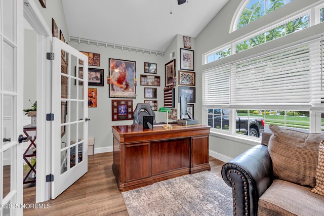 16 Vecchio Rd, Manchester, NJ 08759 - office space featuring wood finished floors, a ceiling fan, high vaulted ceiling, and french doors
