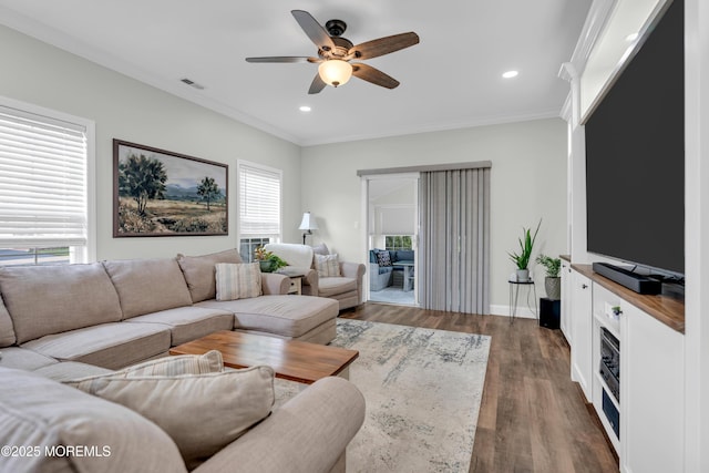 16 Vecchio Rd, Manchester, NJ 08759 - living area featuring plenty of natural light, ornamental molding, ceiling fan, wood finished floors, and recessed lighting
