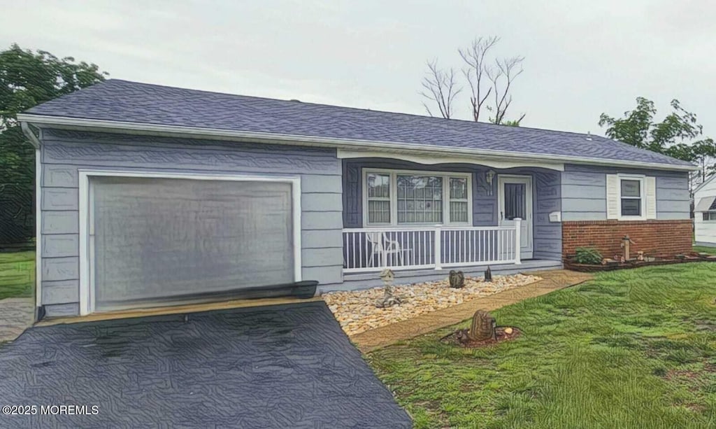 14 Woodbury Ct, Toms River, NJ 08757 - single story home featuring a porch, an attached garage, a front lawn, and brick siding