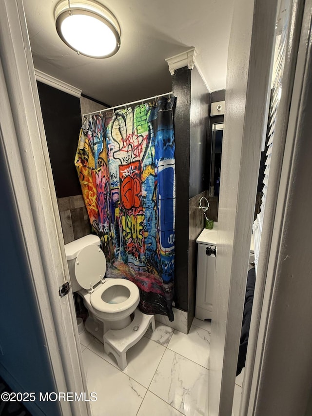 153 Schooner Ave, Barnegat, NJ 08005 - full bath featuring marble finish flooring, crown molding, and a shower with curtain
