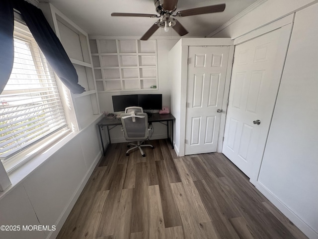 153 Schooner Ave, Barnegat, NJ 08005 - office with a ceiling fan, crown molding, dark wood finished floors, and built in shelves
