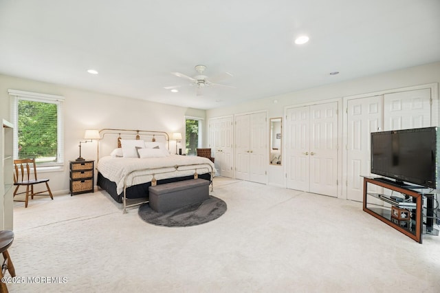 2 Derby Ln, East Brunswick, NJ 08816 - bedroom featuring multiple closets, carpet, multiple windows, recessed lighting, and ceiling fan