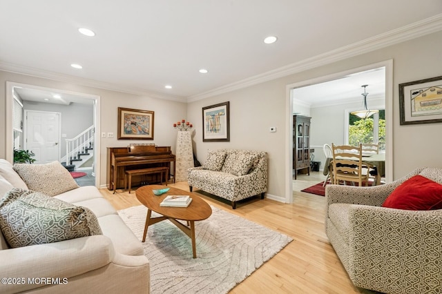 2 Derby Ln, East Brunswick, NJ 08816 - living area with recessed lighting, light wood finished floors, ornamental molding, and stairway