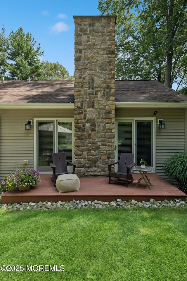 2 Derby Ln, East Brunswick, NJ 08816 - rear view of property with a wooden deck, a chimney, a lawn, and roof with shingles
