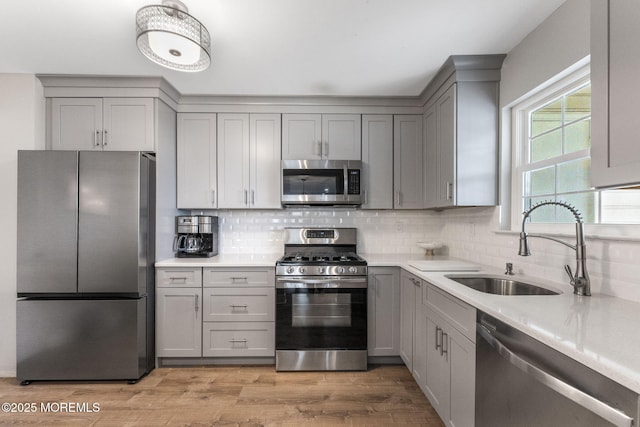 165 Tulip Ln, Freehold, NJ 07728 - kitchen with stainless steel appliances, gray cabinetry, light countertops, and backsplash