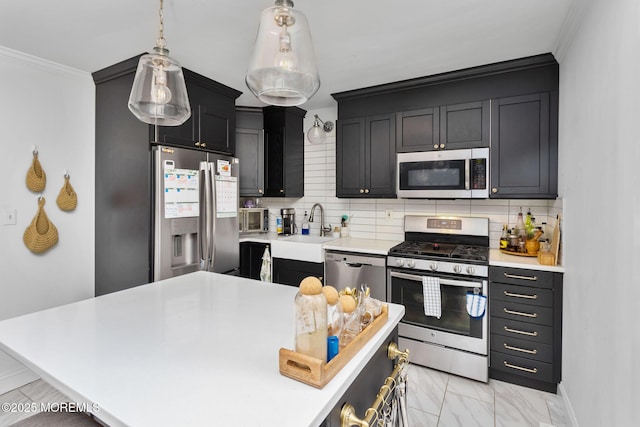 401 Jefferson Dr, East Windsor, NJ 08520 - kitchen featuring stainless steel appliances, tasteful backsplash, light countertops, ornamental molding, and pendant lighting