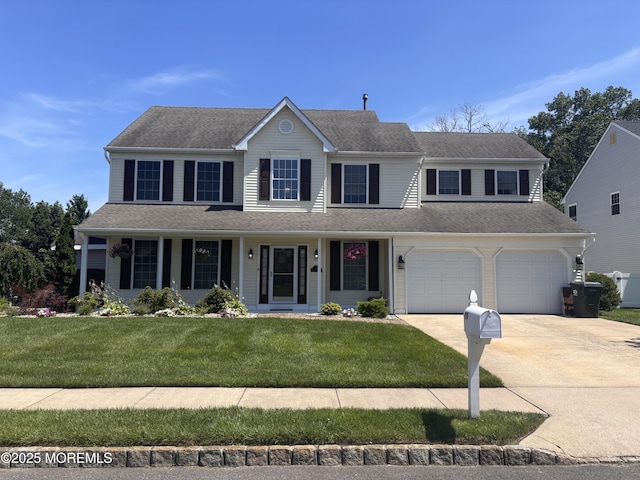 30 Gristmill Rd, Howell, NJ 07731 - colonial inspired home with concrete driveway, an attached garage, a front yard, a porch, and a shingled roof