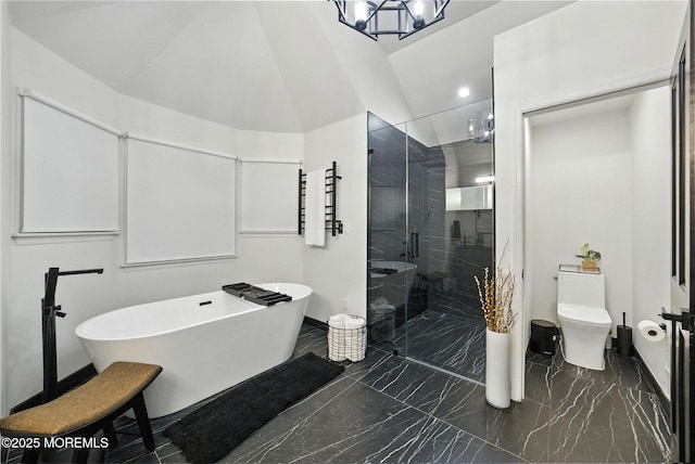 8 Shadowbrook Dr, Colts Neck, NJ 07722 - bathroom with marble tiled floors, a stall shower, and a freestanding bath