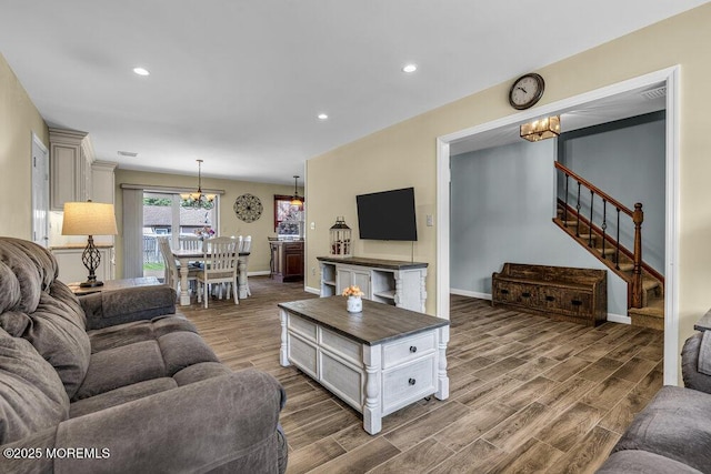 18 Laurel Crest Dr, Howell, NJ 07731 - living room with a chandelier, wood finished floors, recessed lighting, and stairs