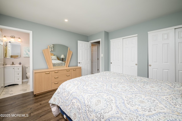 17 Linton Close Close Unit 1000, Freehold, NJ 07728 - bedroom featuring multiple closets, recessed lighting, ensuite bathroom, and dark wood-style flooring