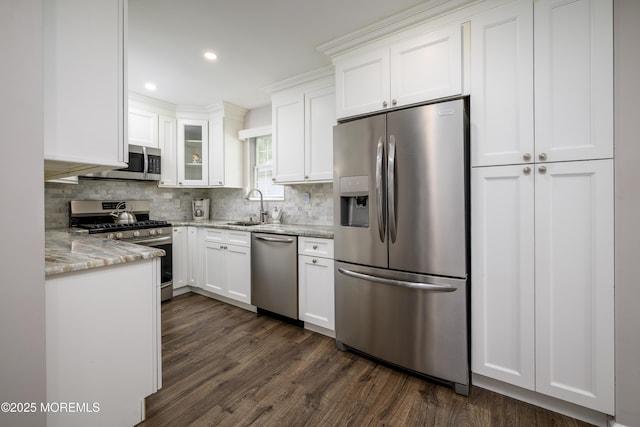17 Linton Close Close Unit 1000, Freehold, NJ 07728 - kitchen featuring stainless steel appliances, dark wood-style floors, light stone countertops, white cabinetry, and recessed lighting