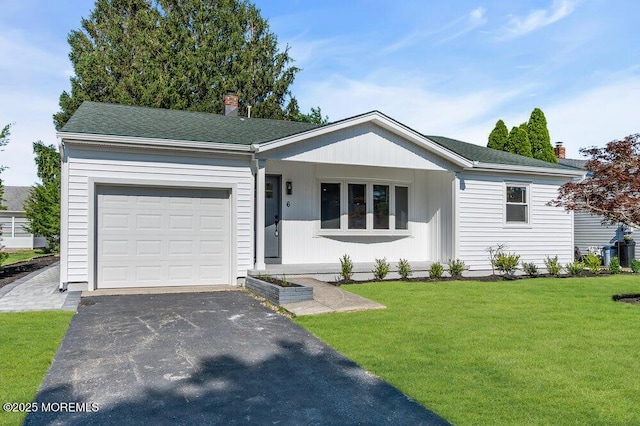 6 Fairfield Rd, Toms River, NJ 08757 - ranch-style home with an attached garage, a front yard, asphalt driveway, and a chimney