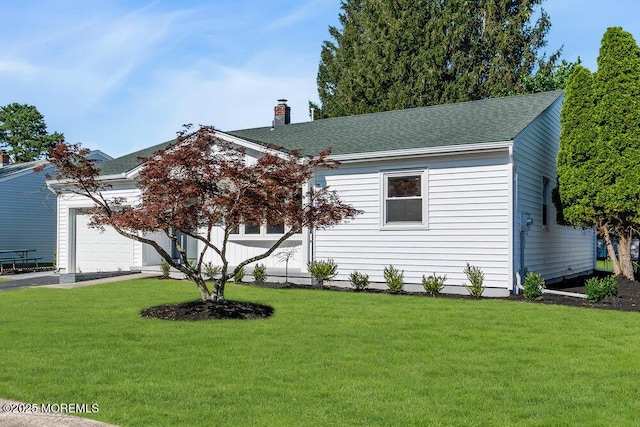 6 Fairfield Rd, Toms River, NJ 08757 - view of front of property with a garage, a front lawn, a chimney, roof with shingles, and asphalt driveway