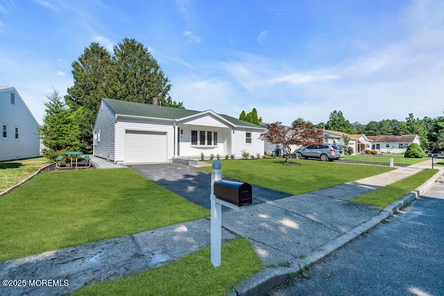 6 Fairfield Rd, Toms River, NJ 08757 - ranch-style home featuring asphalt driveway, an attached garage, a front yard, and a chimney