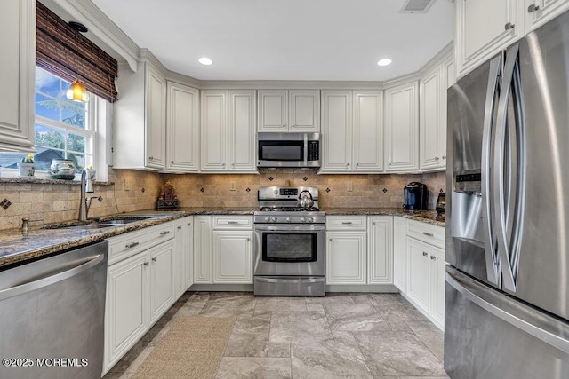 32 Tilton Rd, Brick, NJ 08723 - kitchen featuring stainless steel appliances, dark stone counters, backsplash, and recessed lighting