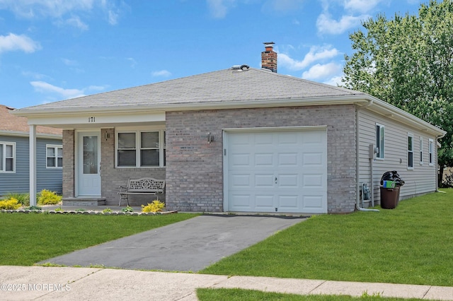 171 Biabou Dr, Toms River, NJ 08757 - ranch-style house featuring a chimney, a front yard, asphalt driveway, brick siding, and a garage