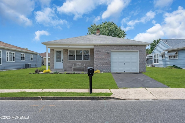 171 Biabou Dr, Toms River, NJ 08757 - view of front of house featuring asphalt driveway, brick siding, a chimney, a front yard, and a garage