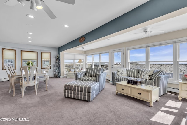 2400 Ocean Front, Lavallette, NJ 08735 - living room featuring a ceiling fan, a baseboard heating unit, light carpet, and recessed lighting