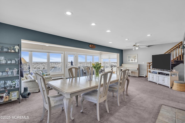 2400 Ocean Front, Lavallette, NJ 08735 - dining area featuring recessed lighting, carpet flooring, a ceiling fan, a baseboard heating unit, and stairway