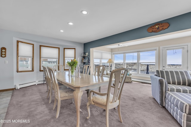 2400 Ocean Front, Lavallette, NJ 08735 - dining area with a baseboard heating unit, recessed lighting, carpet, and ceiling fan