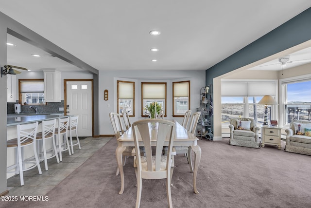 2400 Ocean Front, Lavallette, NJ 08735 - dining space featuring light carpet, recessed lighting, and ceiling fan
