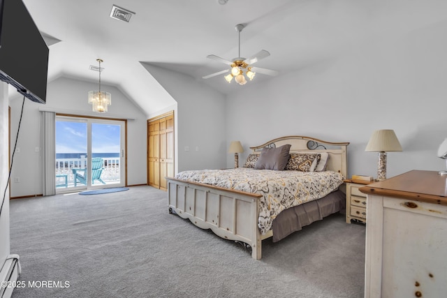 2400 Ocean Front, Lavallette, NJ 08735 - carpeted bedroom with access to exterior, a chandelier, lofted ceiling, a baseboard radiator, and ceiling fan