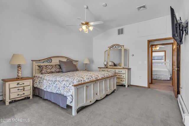 2400 Ocean Front, Lavallette, NJ 08735 - bedroom with a baseboard radiator, light carpet, vaulted ceiling, and ceiling fan