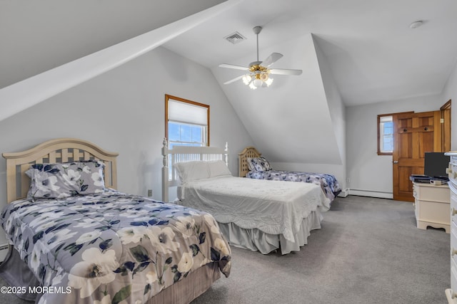 2400 Ocean Front, Lavallette, NJ 08735 - carpeted bedroom featuring a baseboard radiator, vaulted ceiling, and ceiling fan