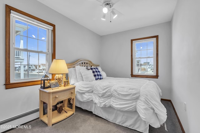 2400 Ocean Front, Lavallette, NJ 08735 - carpeted bedroom with multiple windows, a baseboard heating unit, and a ceiling fan
