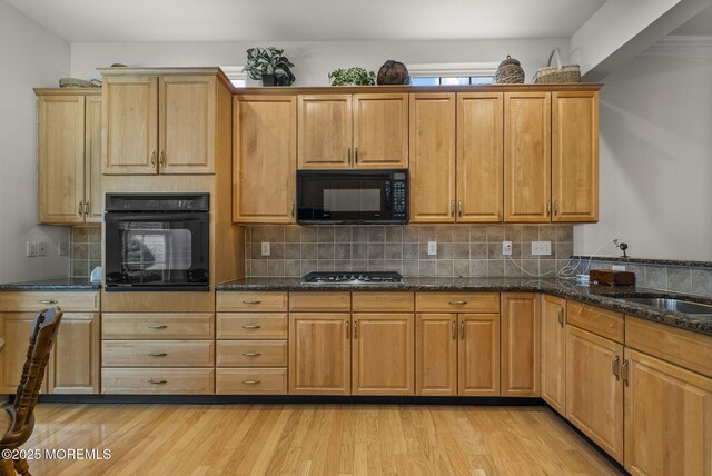 14 Barton Creek Rd, Jackson, NJ 08527 - kitchen with black appliances, dark stone countertops, backsplash, and light wood-type flooring