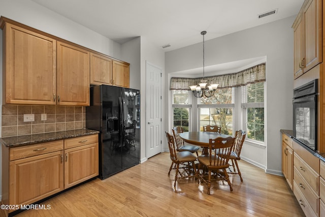 14 Barton Creek Rd, Jackson, NJ 08527 - kitchen featuring black appliances, light wood-type flooring, tasteful backsplash, and a chandelier