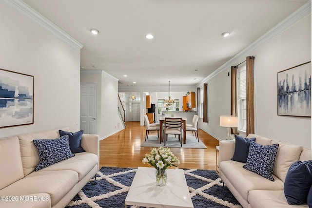 14 Barton Creek Rd, Jackson, NJ 08527 - living room featuring crown molding, a chandelier, light wood-style floors, and recessed lighting