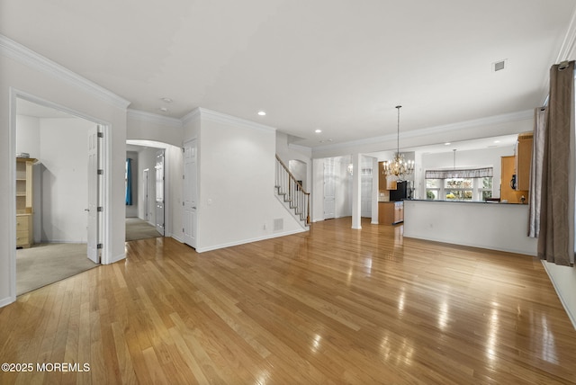 14 Barton Creek Rd, Jackson, NJ 08527 - unfurnished living room featuring stairway, a chandelier, light wood-type flooring, crown molding, and recessed lighting