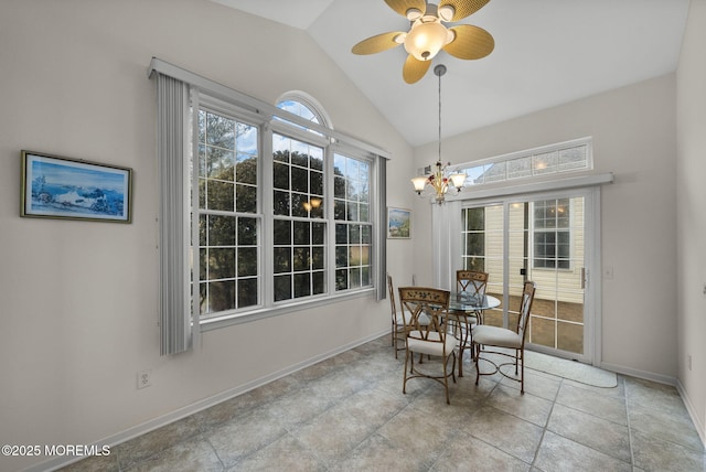 14 Barton Creek Rd, Jackson, NJ 08527 - dining space with vaulted ceiling, a ceiling fan, and a chandelier